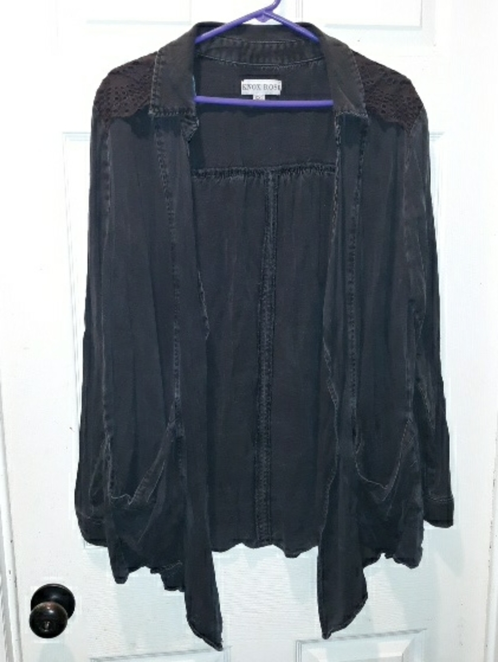 Knox Rose Distressed/Washed Crochet Back Top Open Swing Pockets Cardigan 2018